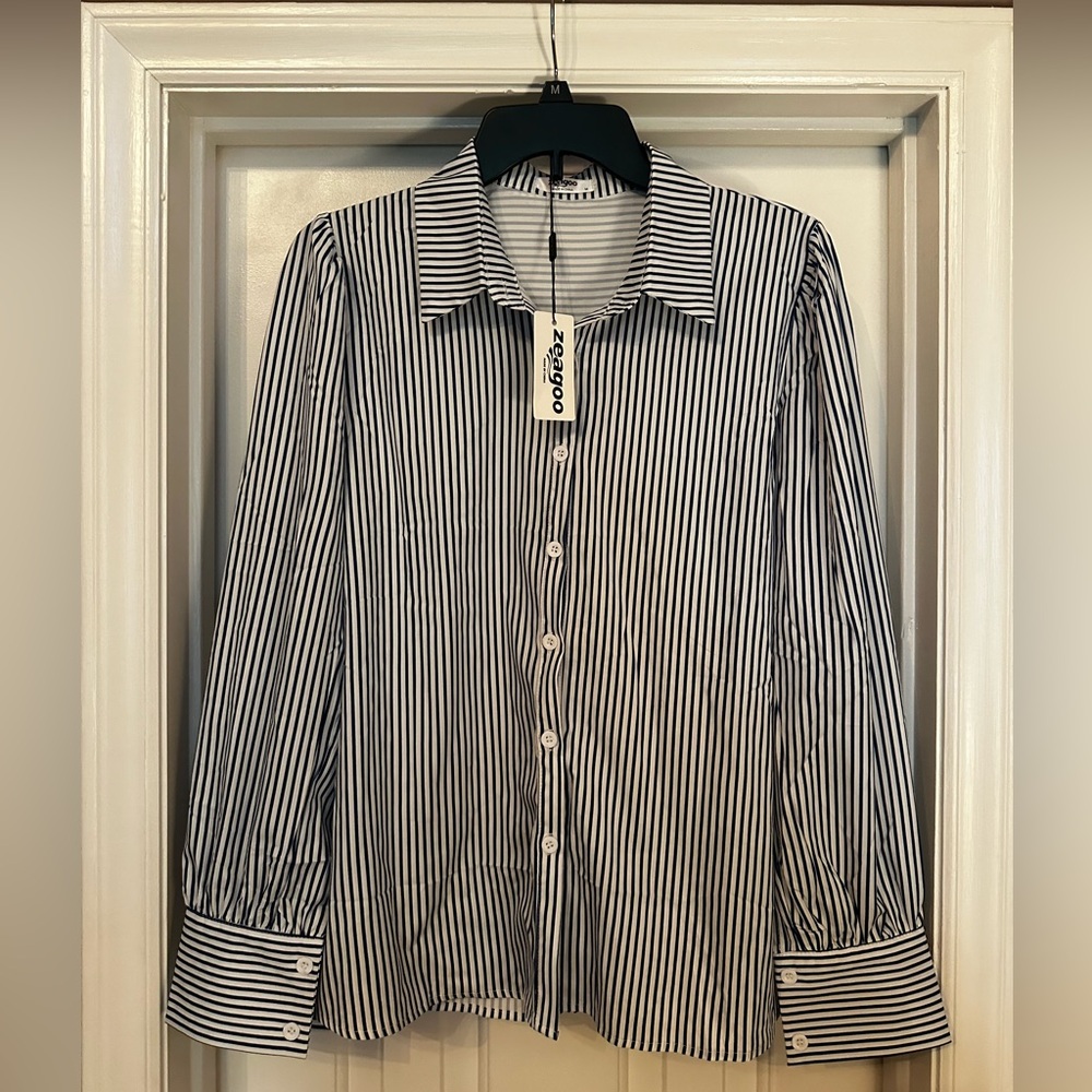 Navy & White Striped Womens Button Down Blouse